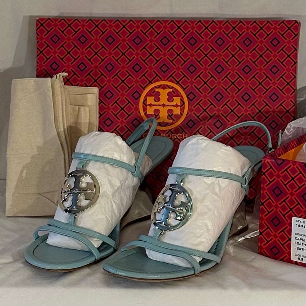 EUC Tory Burch Capri Miller Wedge Sandals Leather Coin 85mm Size 9.5
